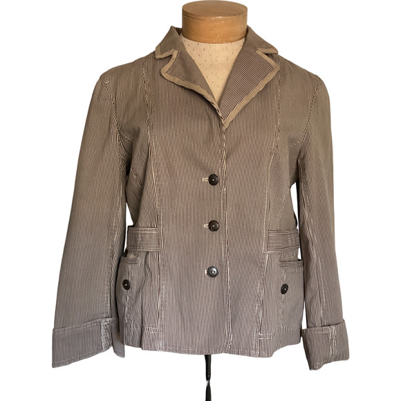 Ann Taylor Loft Women's 14 Tan Brown Striped Blazer Coat Button Front Casual - Picture 1 of 11